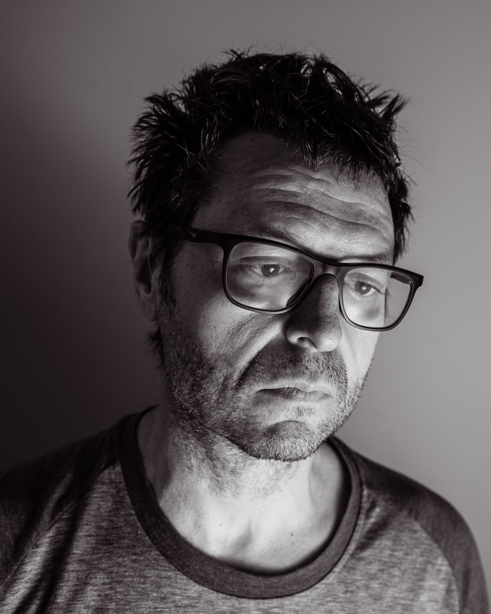 Black-and-white self-portrait of Steve Teixeira